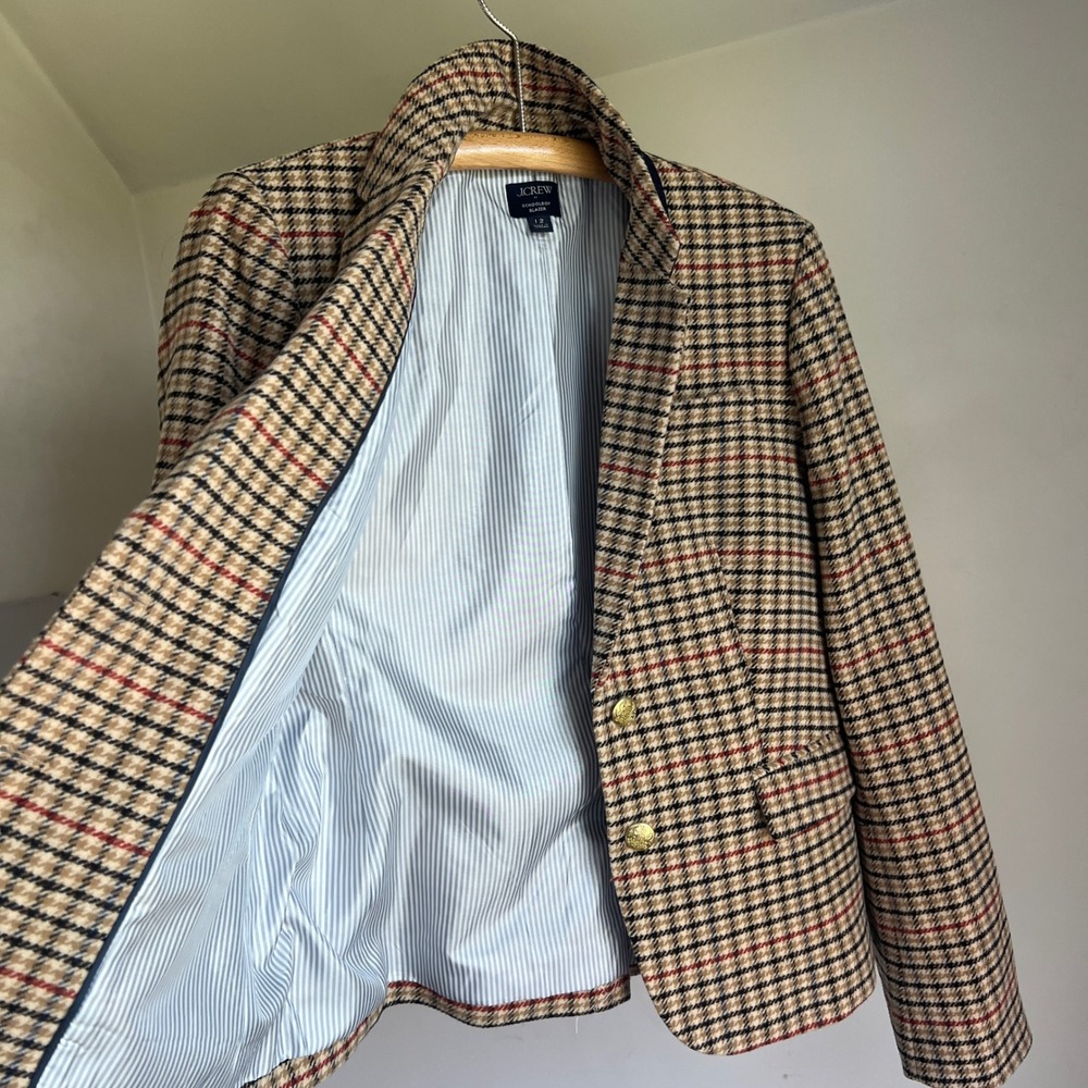 J. Crew Schoolboy Blazer 12 Tan Plaid Wool Blend Gold Crest Button Preppy Jacket - Picture 5 of 11